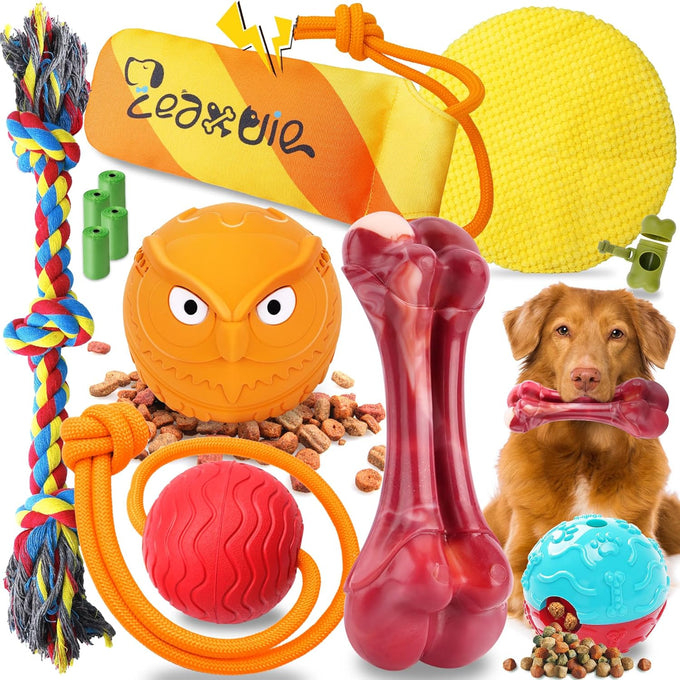 Zeaxuie 12 Pack Dog Chew Toys for Aggressive Chewers,Includes Dog Rope Toy, Squeaky Toys & Indestructible Chew Bone for Medium,Large & X-Large Breeds Dogs