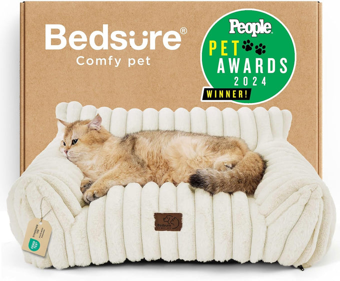 Bedsure 24inch ComfyFleece Cute Cat Couch for Indoor Cats, Cream, Removable Washable Cover and Supportive Pet Sofa