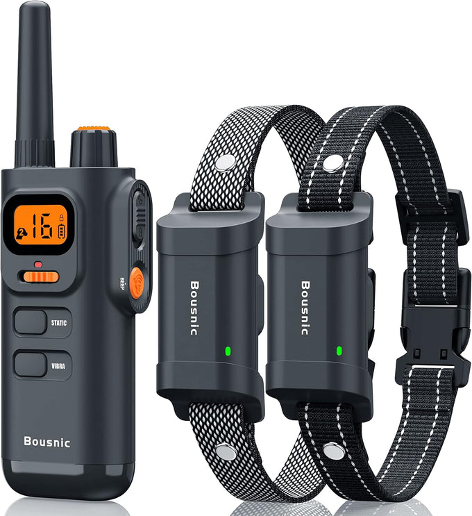 Bousnic 4000ft range waterproof dog shock collars for 2 dogs, humane shock modes, rechargeable e collars for large medium small dogs