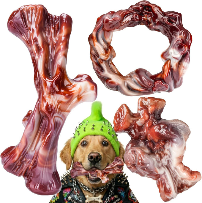 3 Pack Dog Chew Toys, Indestructible Bacon Flavor, Medium Large Dog Toys, Nylon, Realistic Branch Shapes