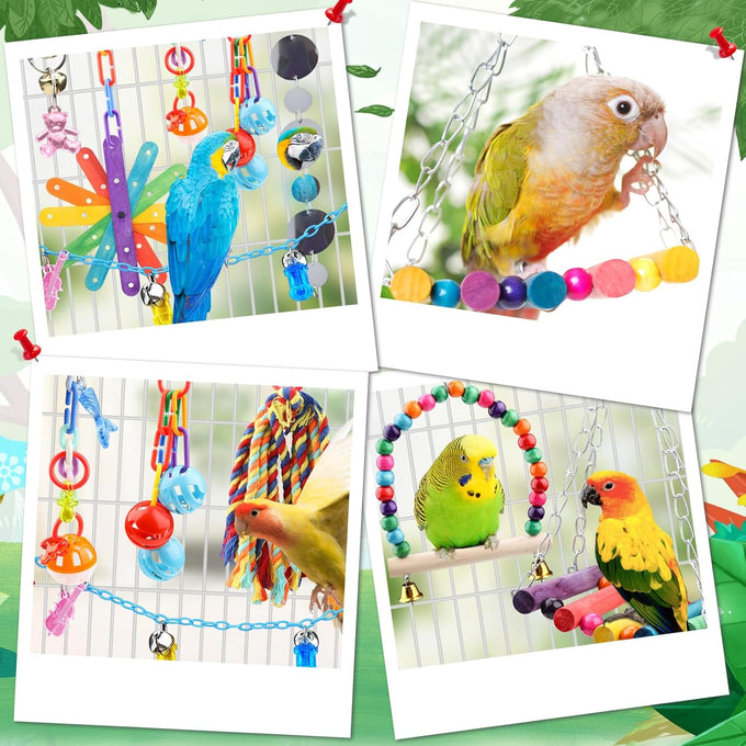 9-piece parakeet cockatiel bird toys set with colorful wooden perches and bell swing ropes for parrots cage accessories