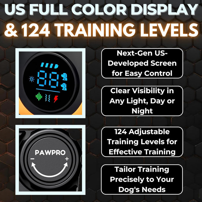 pawpro dog shock collar with remote, 4-mile range, night-light mode, 124 training levels, beeps, vibrations, waterproof rechargeable