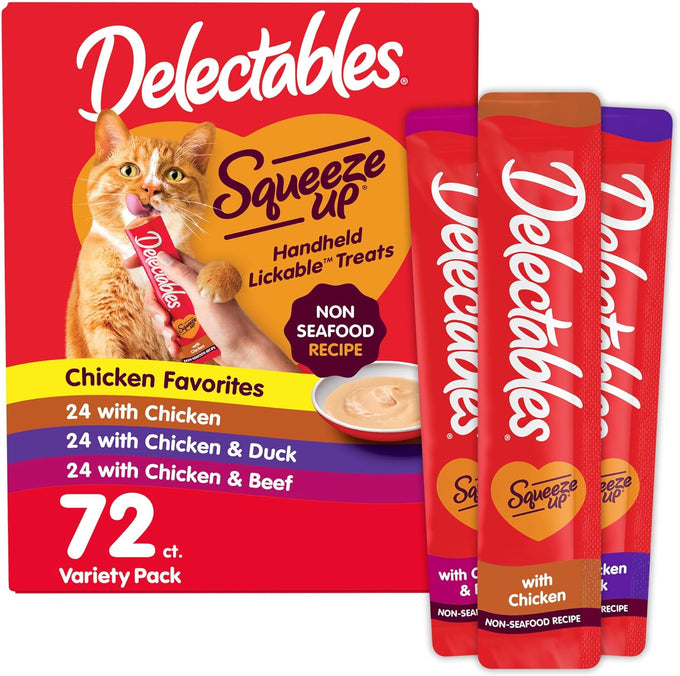delectables squeeze up non-seafood variety pack, creamy squeezable puree, grain-free cat treats, 72-count