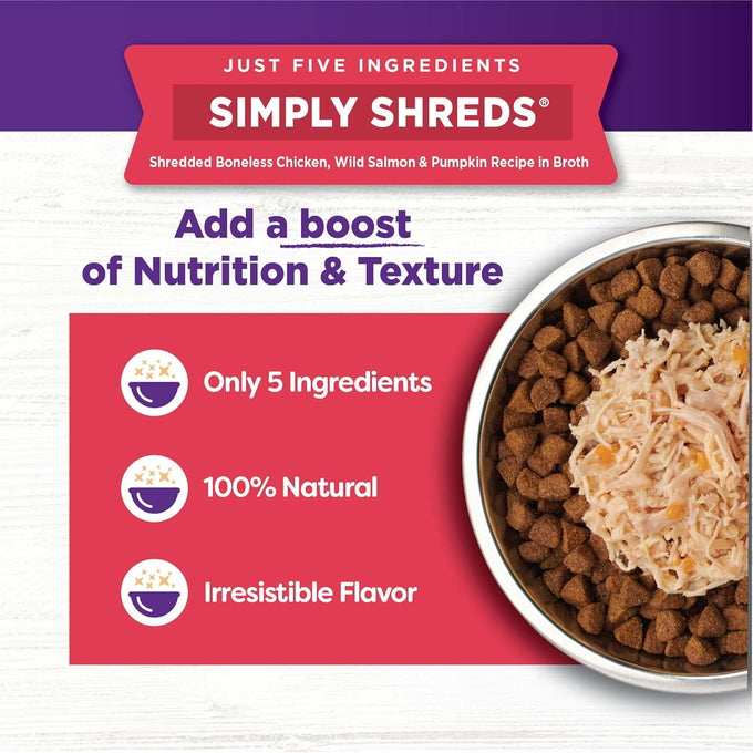 Wellness Bowl Boosters Simply Shreds Variety Pack Wet Dog Food Topper for Small, Medium, and Large Breeds, Grain Free, Natural, Chicken Recipes, 2.8 oz, Pack of 12 Pouches