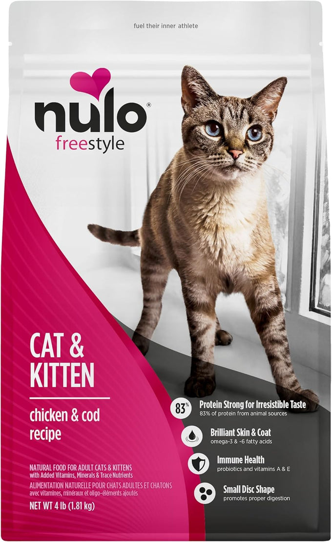 Nulo Freestyle Cat & Kitten Dry Food, Chicken & Cod Recipe, High Protein Grain Free, 4lb Bag, Natural Kibble