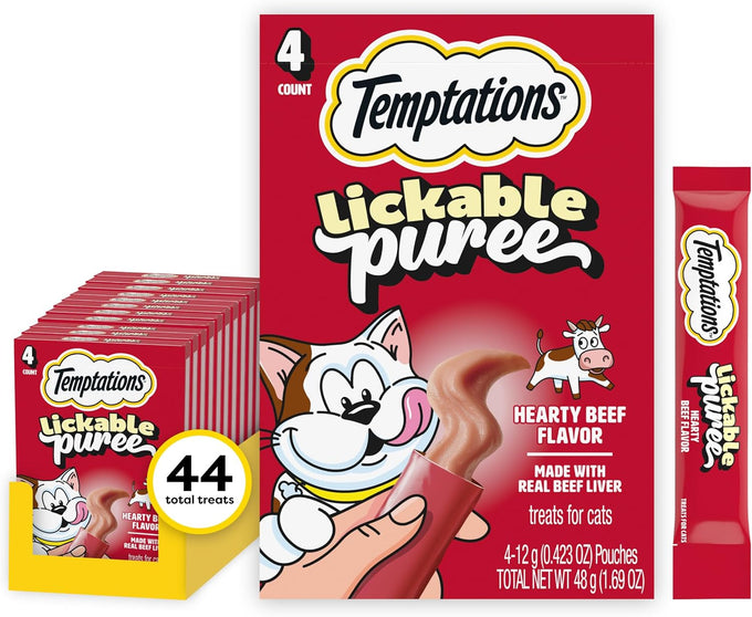 Temptations Beef Liver Creamy Puree Squeezable Cat Treats, 4-count, 11-pack, 0.42 oz tubes