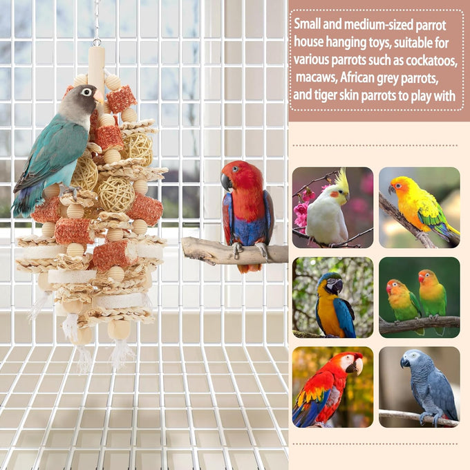Parrot Chewing Toy 17.5 inches Natural Corn Cob Loofah Slices Rattan Balls Wood Beads