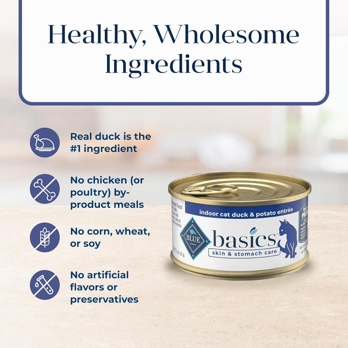 Blue Buffalo Basics Grain-Free Wet Cat Food for Indoor Cats, Duck & Potato Entrée, 3-oz Cans (24 Count)