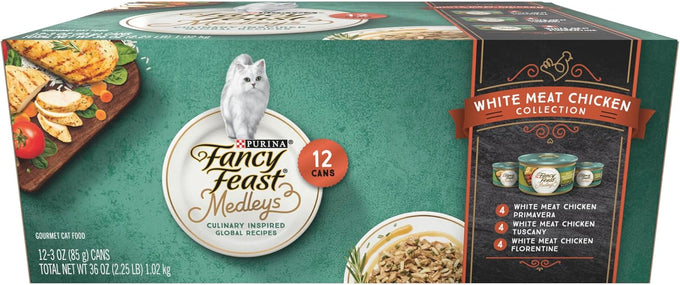 Purina Fancy Feast Medleys White Meat Chicken in Sauce Variety Pack, 3 oz. Cans, Pack of 12, Adult Cat Food