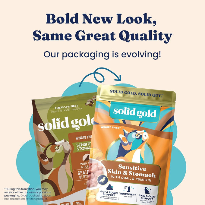 Solid Gold Sensitive Stomach Dry Cat Food, Grain Free, Gluten Free, Quail, Probiotics, 6lb