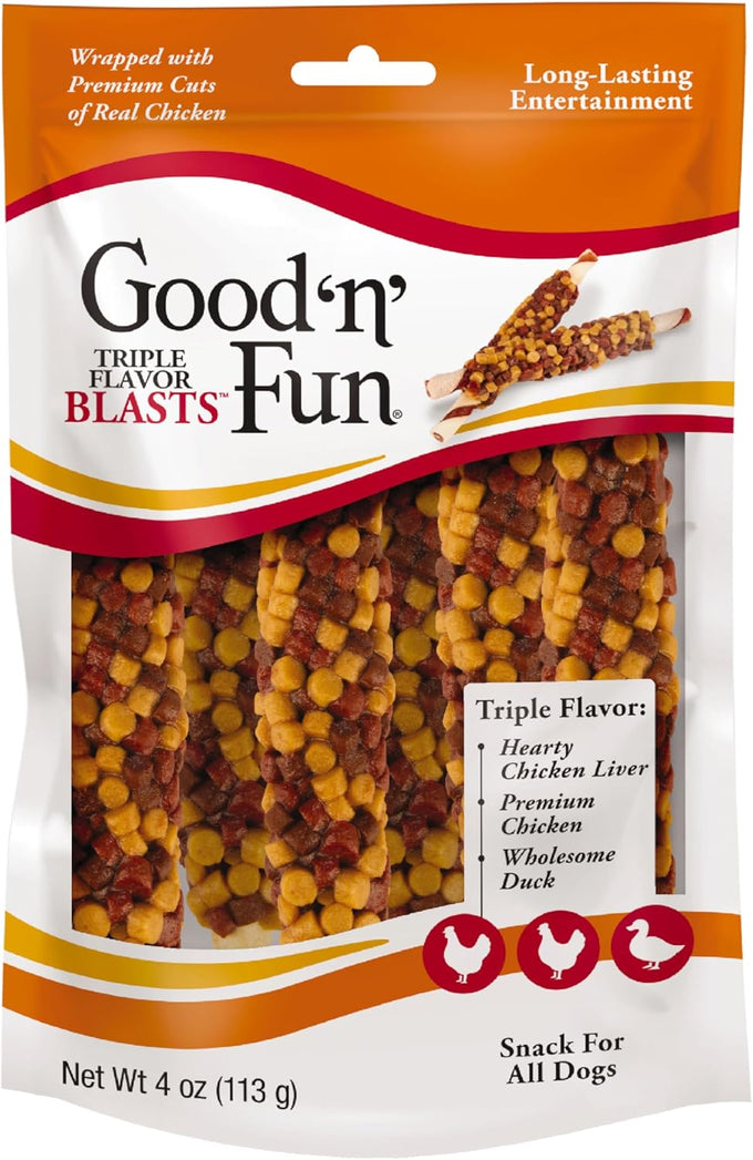 Good 'n' Fun Triple Flavor Blasts - Chicken, Duck, and Beef Hide Chews for Dogs, 4 Ounces, Long-Lasting Snack