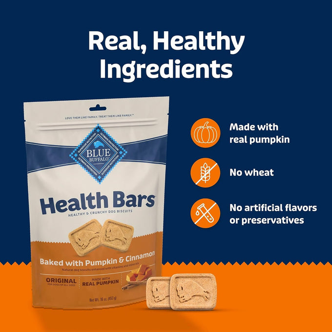 blue buffalo health bars crunchy dog biscuits, oven-baked, pumpkin, cinnamon, 16-oz bag