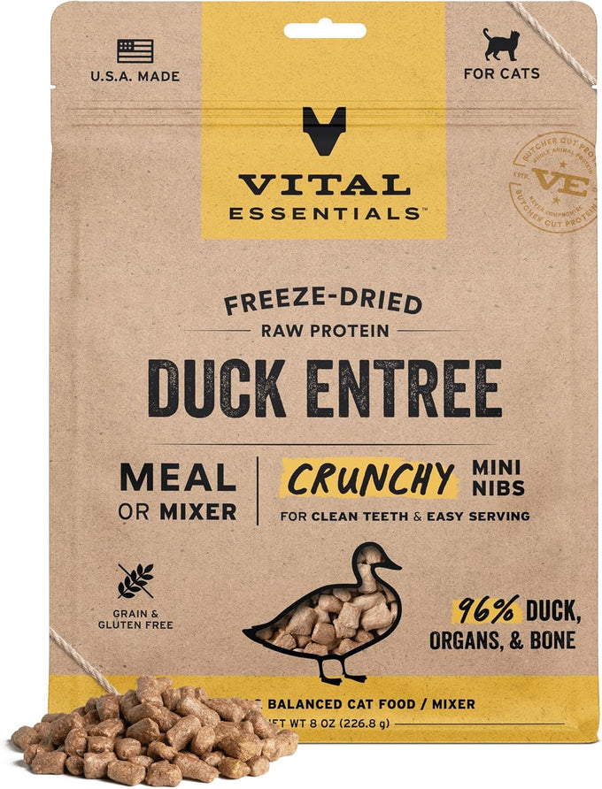 vital essentials raw duck crunchy mini nibs 96% duck organs & bone complete meal or topper