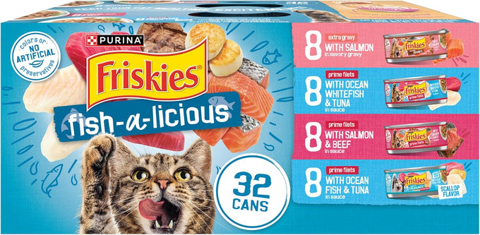 Purina friskies wet cat food variety pack 32 oz cans prime filets tasty treasures fish-alicious extra gravy