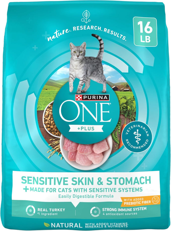 Purina one sensitive stomach cat food, high protein, turkey first ingredient, 16 lb bag, sensitive skin and stomach formula