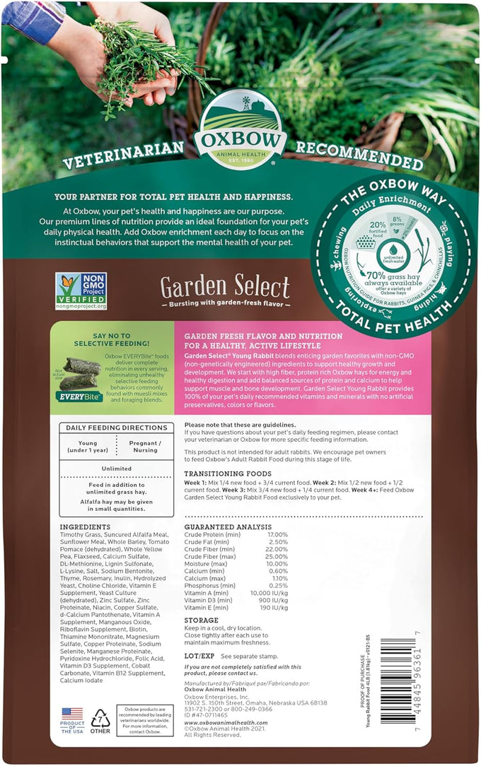 Oxbow Garden Select Young Rabbit Food, Made with Alfalfa, Non-Gmo, Soy-Free, Wheat-Free, 4 Lb Bag, Usa Made, High Fiber