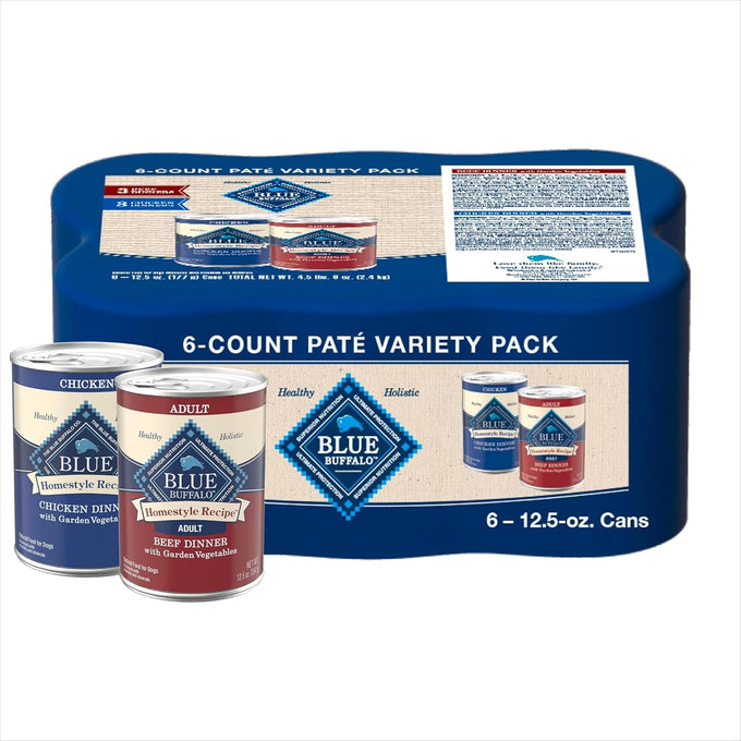 Blue Buffalo Homestyle Recipe Adult Wet Dog Food, 12.5-oz Cans, 6 Count, Chicken and Beef Dinner Variety Pack
