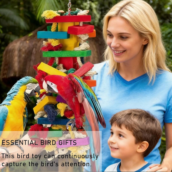 Natural Wood Parrot Toys for Large Birds, 18" Durable Chew Toys for Macaws, African Greys & Amazon Parrots