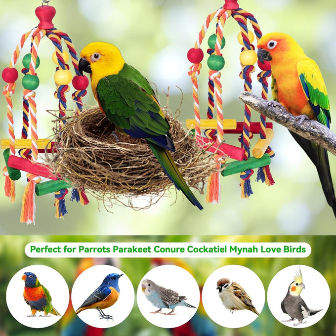 Multicolored wooden bird toys for medium and small birds, perfect for parakeet, parrot, conure, cockatiel, and budgies.