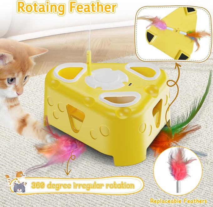 Cheese-Shaped Interactive Cat Toy with USB Rechargeable Electronic Feather Toy for Indoor Cats and Kittens 6-Hole Mole & Rotating Feather