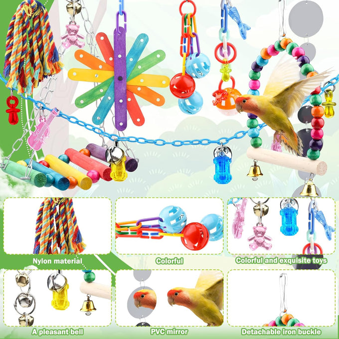 9-piece parakeet cockatiel bird toys set with colorful wooden perches and bell swing ropes for parrots cage accessories