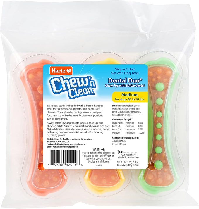 Hartz Chew n Clean Dental Duo Dog Treat Toy, Medium, 3 Pack, Color Varies, 3 Piece