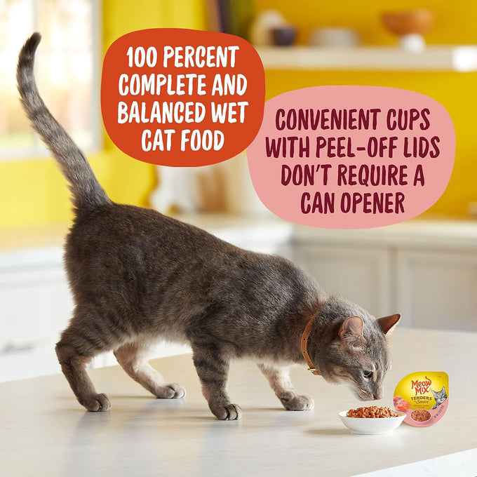 Meow Mix Tenders in Sauce Wet Cat Food, 2.75 oz cups, Salmon & Crab flavor, 12 count