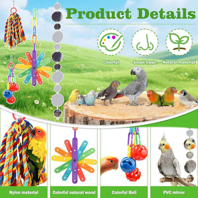 Quozuo small bird toys for parakeets, parrot, cockatiel, 4-piece bird cage accessories set