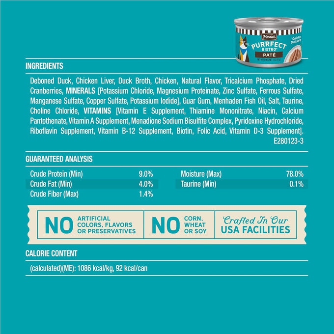 Merrick Purrfect Bistro grain-free, premium, soft canned duck adult wet cat food, 24 pack, 3 oz cans