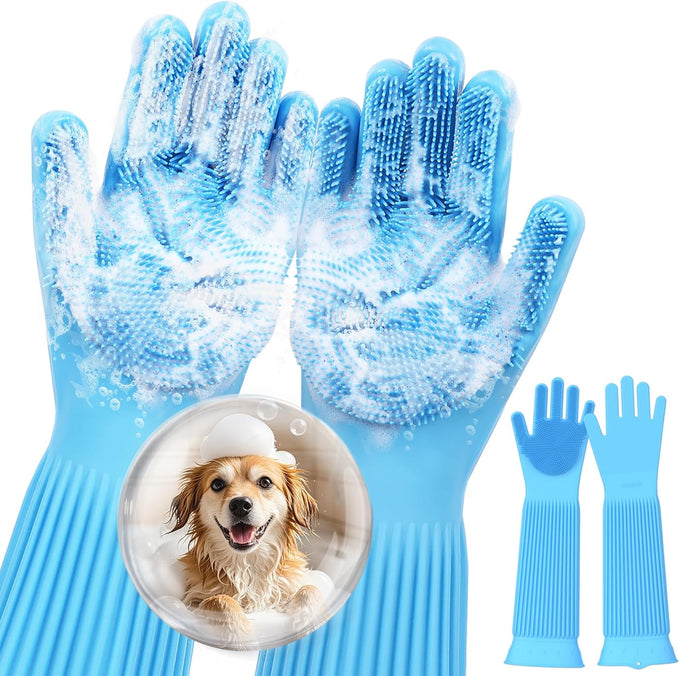Pecute Heat Resistant Silicone Pet Grooming Gloves with High-Density Teeth, Blue