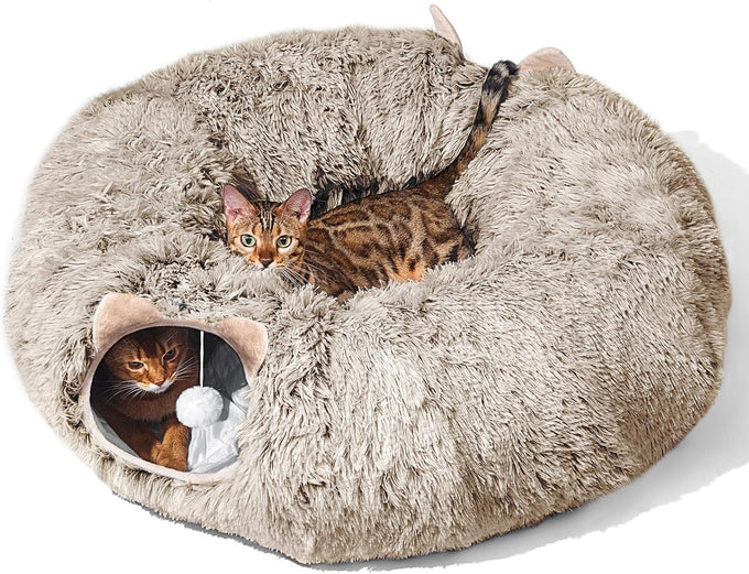 cat tunnel with cat bed for indoor cats, grey, multifunctional playground toys hideplace for kittens rabbit ferret