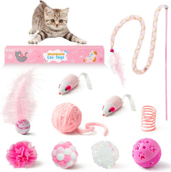 mallmall6 10pcs cat toy set interactive cat toys pack feather teaser wand cat springs mice crinkle balls pink