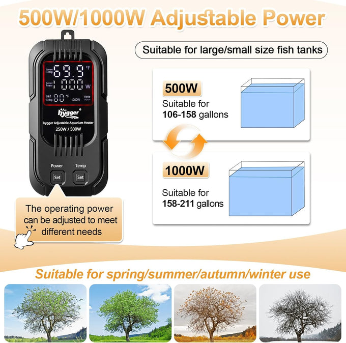 hygger 500W/1000W adjustable power aquarium heater for 106-211 gallon freshwater and saltwater tank