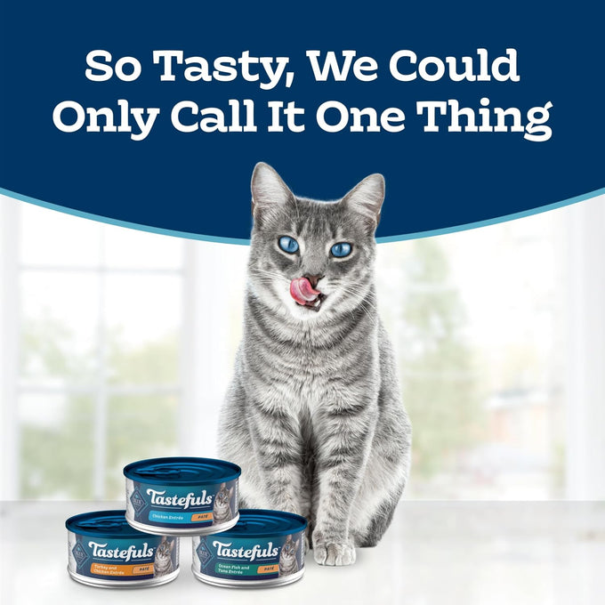 Blue Buffalo Tastefuls Wet Cat Food Paté Variety Pack (Chicken, Turkey & Chicken, Ocean Fish & Tuna) for Adult Cats, Made with Natural Ingredients, 5.5-oz. Each (24 Cans)