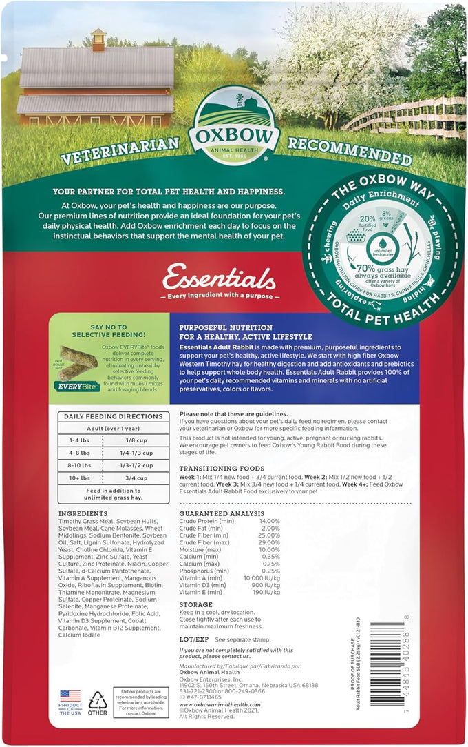 Oxbow essentials rabbit food, adult bunny pellets with timothy hay, vitamins, and minerals, 5 lb