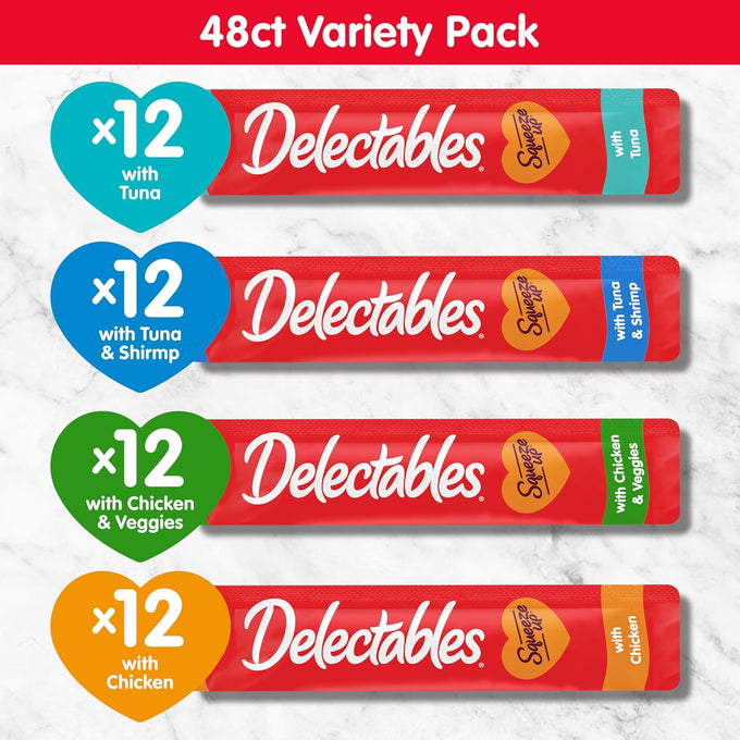 Delectables squeeze up variety pack, creamy squeezable puree, grain free cat treats, 48 x 0.5 oz tubes