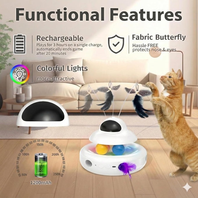 Mohaya 4-in-1 Interactive Cat Toy with Laser, Feather, and Track Balls - USB Rechargeable White
