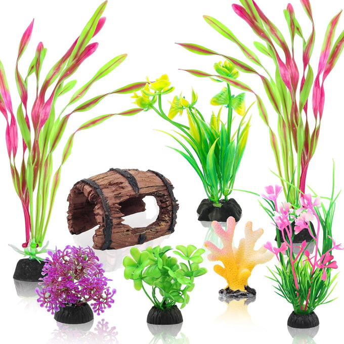 Quozuo small fish tank decorations aquarium accessories 8-piece set with broken barrel and coral hideout ornaments