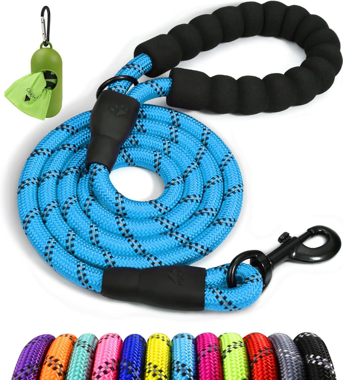 Taglory 6 ft rope dog leash with padded handle and reflective threads for medium large dogs, 1/2 inch, black