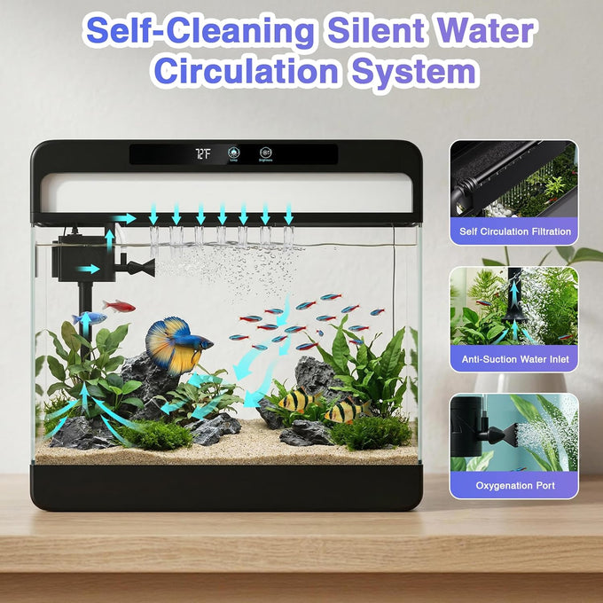 3 gallon smart aquarium for beta fish, 3-in-1 silent water pump with filtration, circulation, oxygenation, and 7 colors LED lights (black)