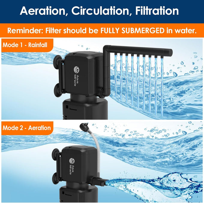 AquaMiracle aquarium filter SV-800, 8W, 225GPH, 20-70 gallon tank, U-V light & timer, filter sponge, aeration & rainfall modes.