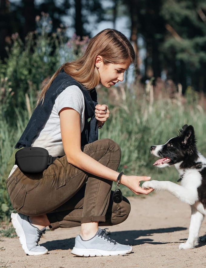 heouvo dog treat pouch with training clicker, 1.67 cup silicone, compact fanny pack with waist belt for pet training and walking, black