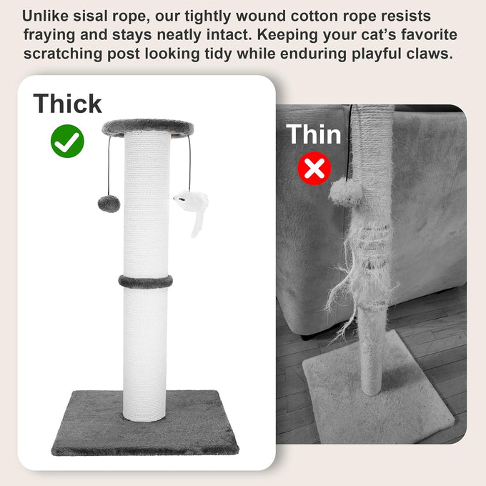 34-Inch heavy-duty grey cat scratching post with cotton rope and hanging ball for indoor cats