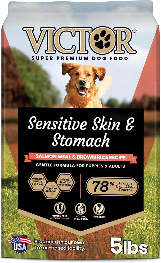 VICTOR Super Premium Sensitive Skin & Stomach Dog Food - Salmon Meal & Brown Rice Recipe Dry Kibble, Gluten Free, 5 lb