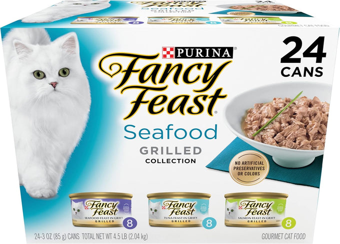 Purina Fancy Feast Grilled Wet Cat Food Seafood Variety Pack, 24 x 3 oz. Cans, No Artificial Colors or Preservatives