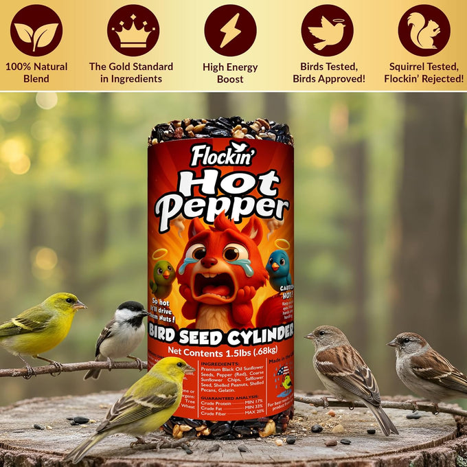 Hot Pepper Bird Seed Cylinders with Hole, 4" x 7.75", No Mess, All Natural, USA Made Birdseed for Outside Wild Birds