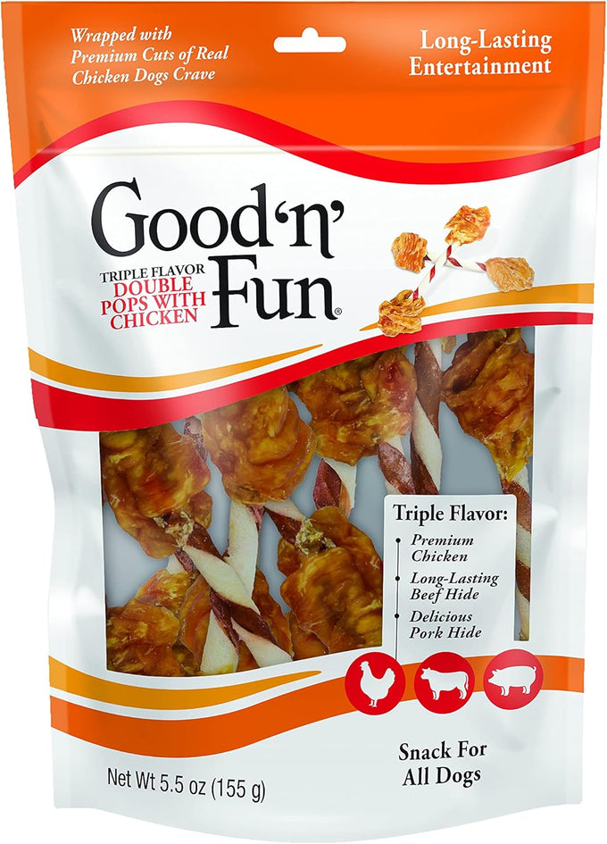 Good 'n' Fun, Triple Flavor Double Pops with Chicken Dog Snacks, Gourmet, Long-Lasting, 5.5 Ounces