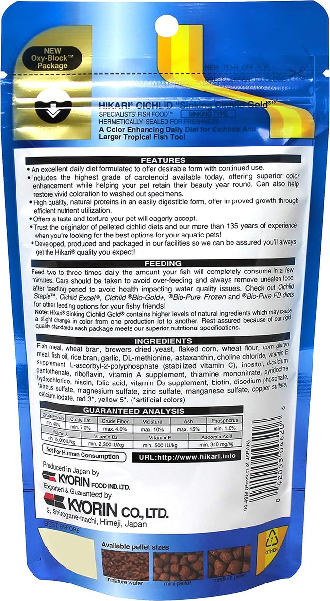 Hikari 12-Ounce Sinking Cichlid Gold Pellets for Small Pets, Color Enhancer, High Protein