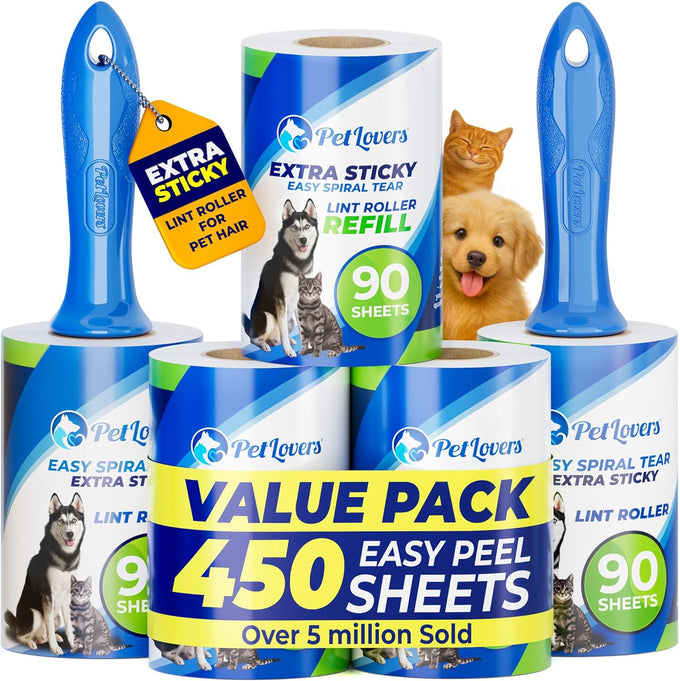 petlovers extra sticky lint roller mega value set 450 sheets 5 pack pet hair remover
