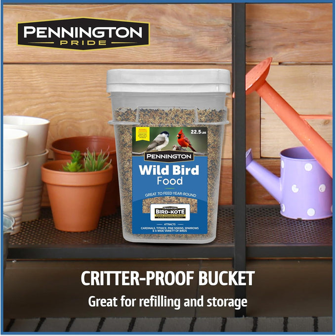 Pennington 22.5-lb Wild Bird Seed for Outside Feeders, Critter-Proof Bucket, Songbird Favorites and Year-Round Nutrition